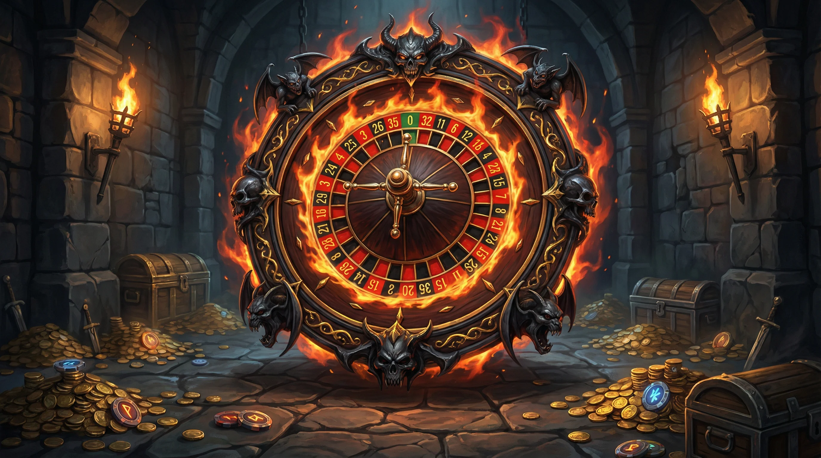 Roleta infernal com decorações demoníacas e efeitos de fogo
